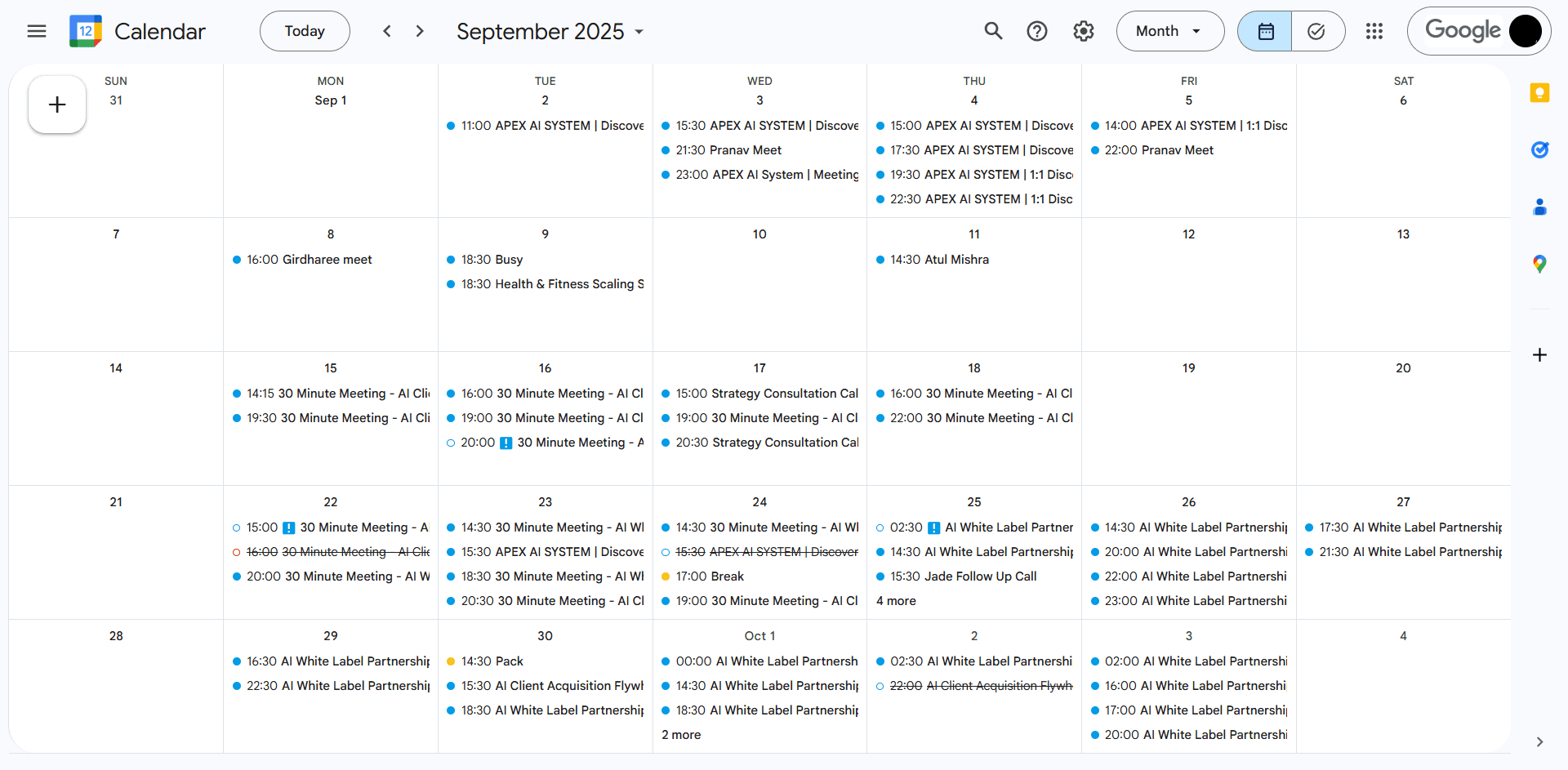 Calendar showing scheduled consultation appointments from lead generation campaign